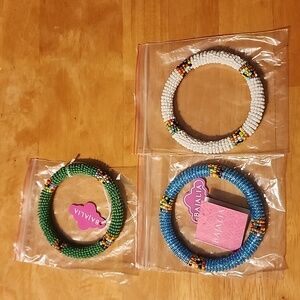 Blue, green, white beaded bangle bracelets, Bajalia, made in India, 3 bracelets